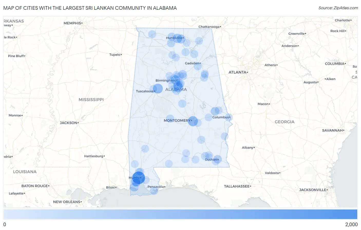 Cities with the Largest Sri Lankan Community in Alabama Map