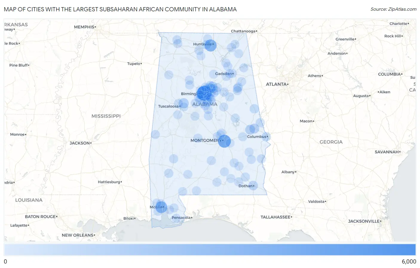 Cities with the Largest Subsaharan African Community in Alabama Map