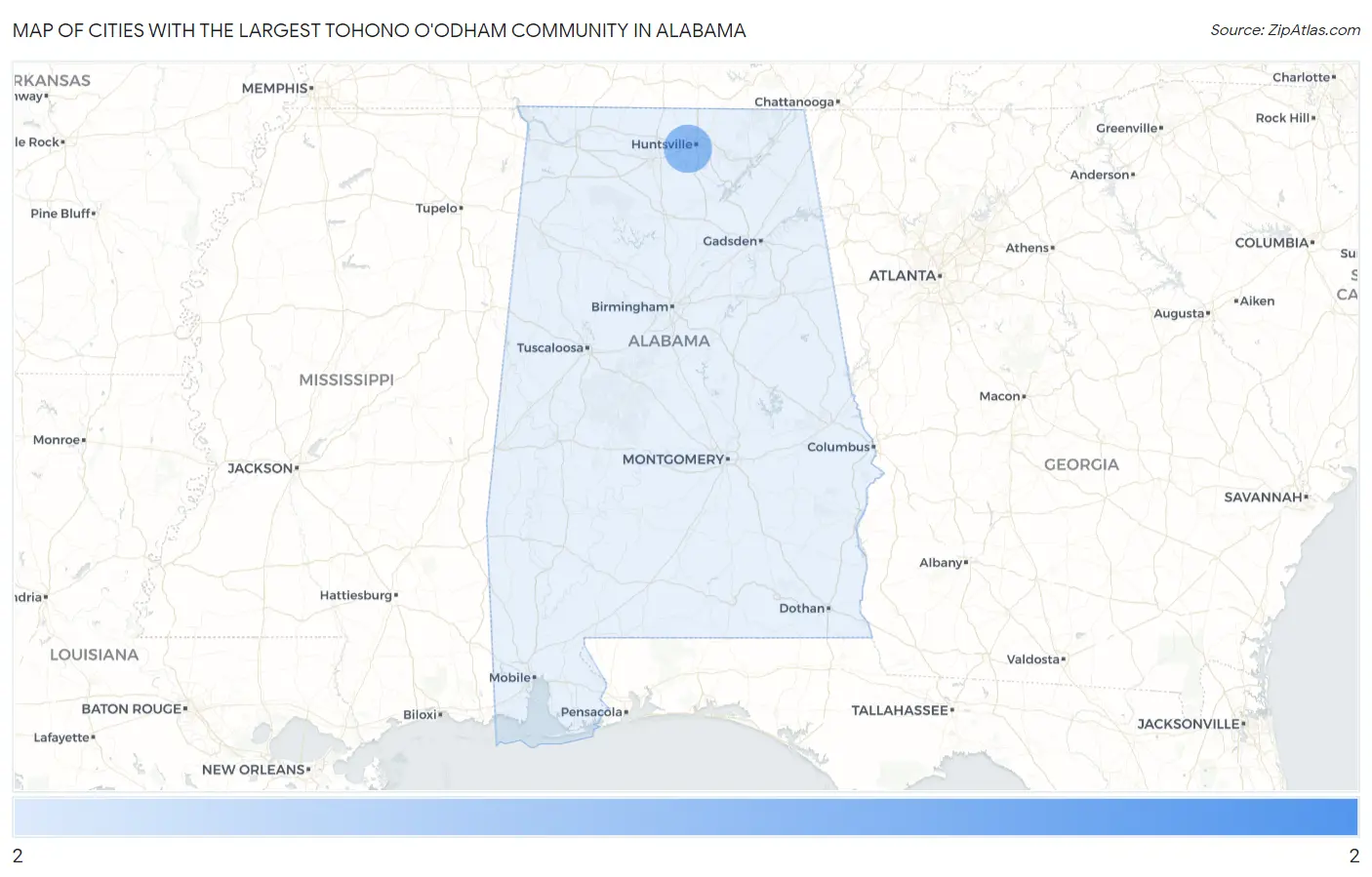 Cities with the Largest Tohono O'Odham Community in Alabama Map