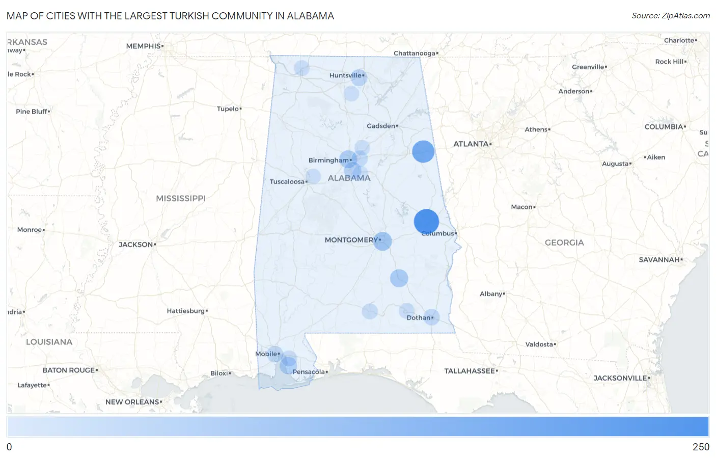 Cities with the Largest Turkish Community in Alabama Map