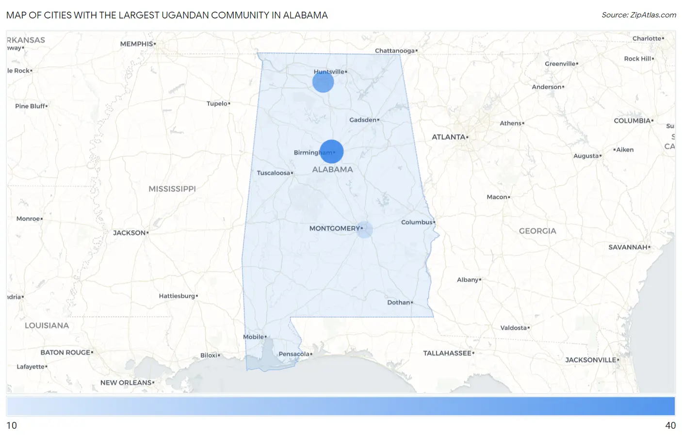 Cities with the Largest Ugandan Community in Alabama Map