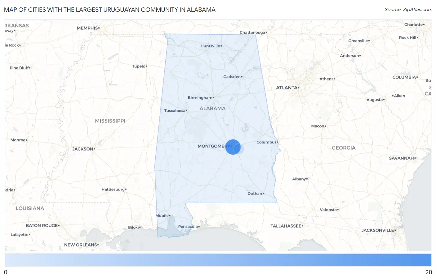 Cities with the Largest Uruguayan Community in Alabama Map