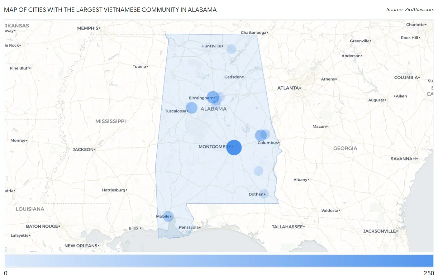 Cities with the Largest Vietnamese Community in Alabama Map
