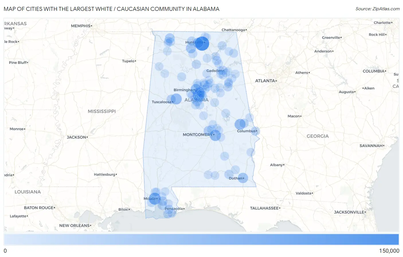 Cities with the Largest White / Caucasian Community in Alabama Map