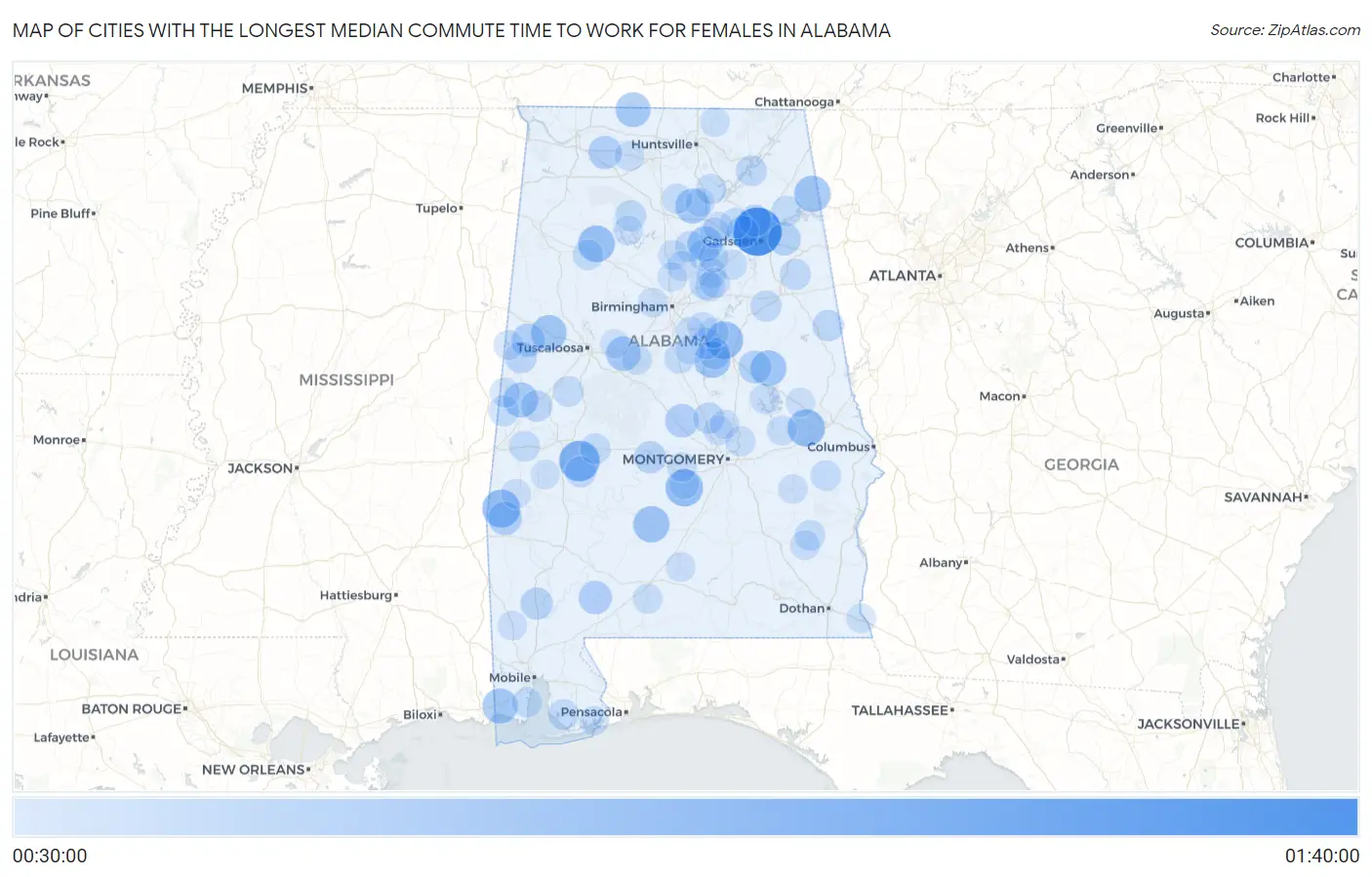 Cities with the Longest Median Commute Time to Work for Females in Alabama Map