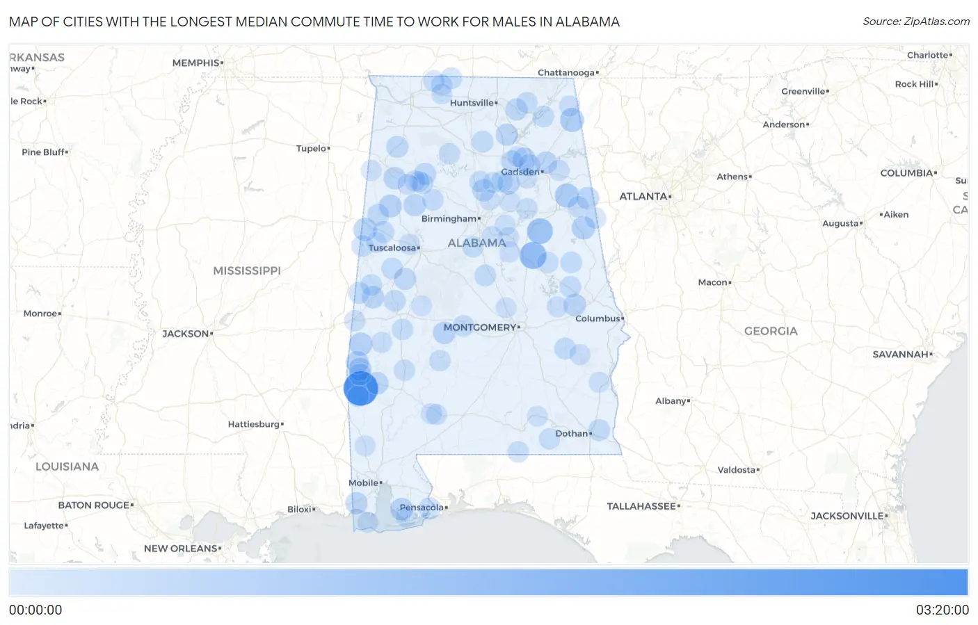 Cities with the Longest Median Commute Time to Work for Males in Alabama Map