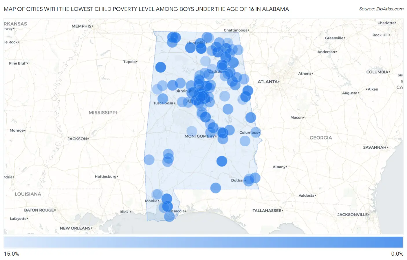 Cities with the Lowest Child Poverty Level Among Boys Under the Age of 16 in Alabama Map