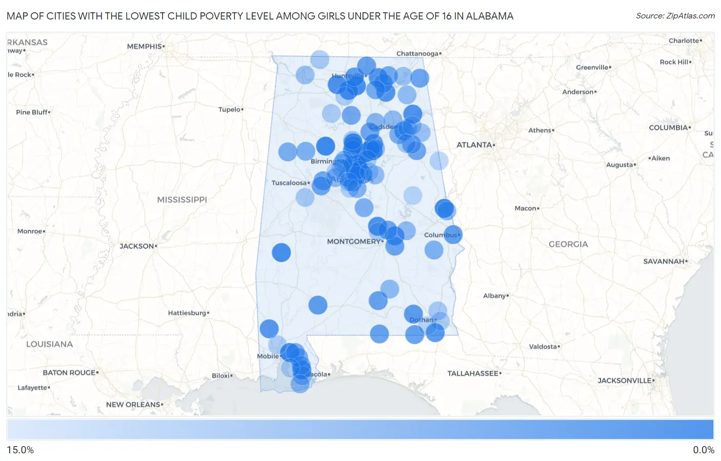 Cities with the Lowest Child Poverty Level Among Girls Under the Age of 16 in Alabama Map