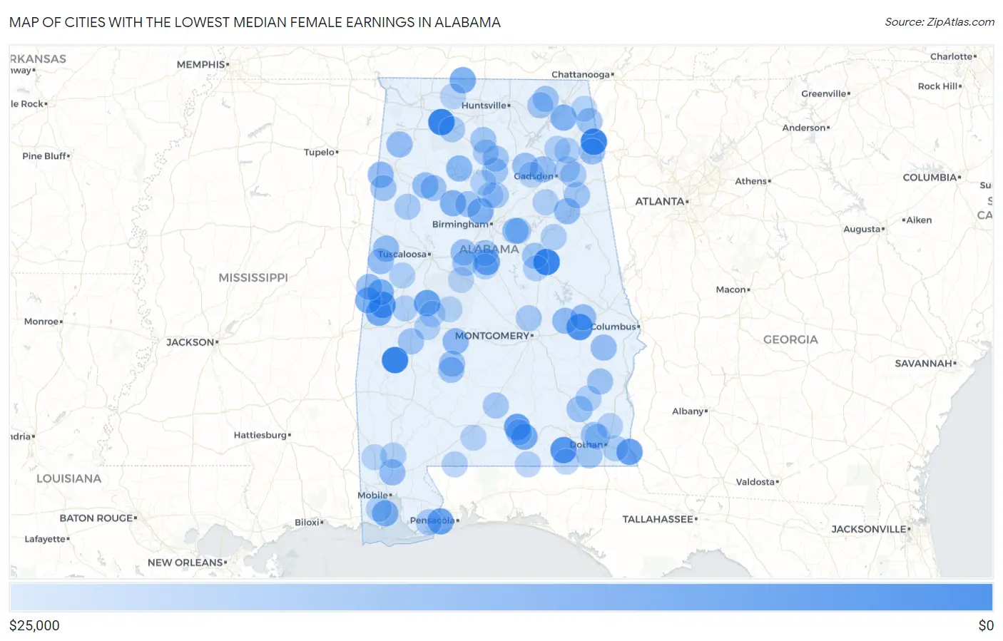 Cities with the Lowest Median Female Earnings in Alabama Map
