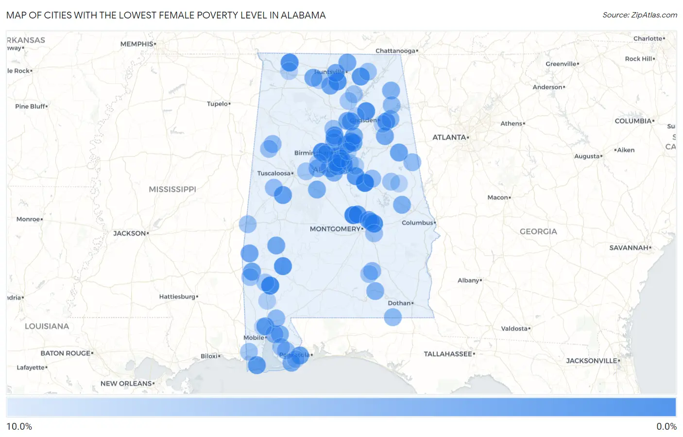Cities with the Lowest Female Poverty Level in Alabama Map