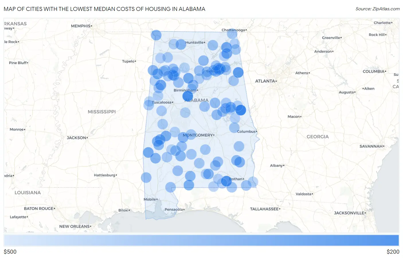 Cities with the Lowest Median Costs of Housing in Alabama Map