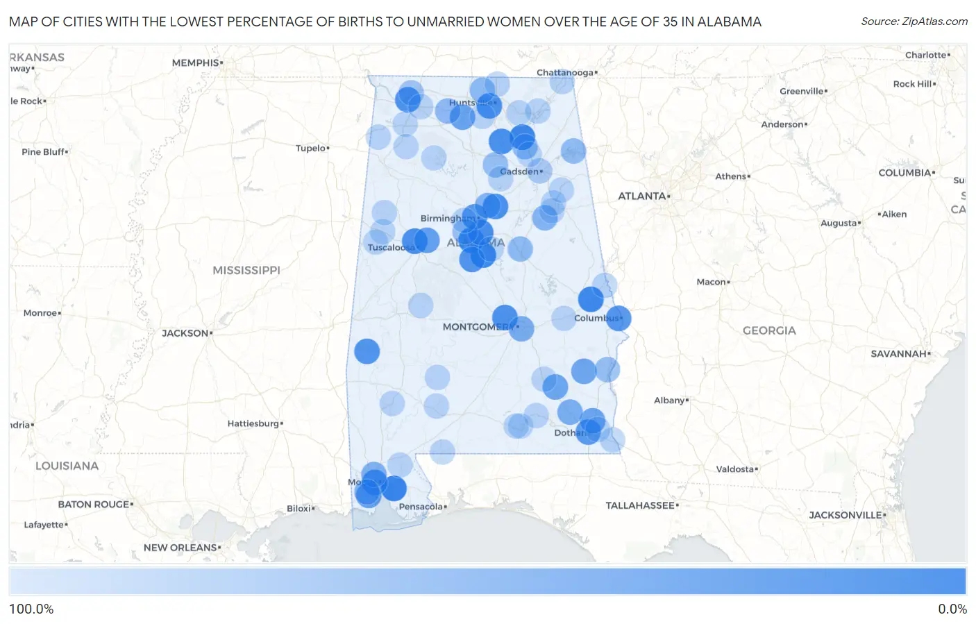 Cities with the Lowest Percentage of Births to Unmarried Women over the Age of 35 in Alabama Map