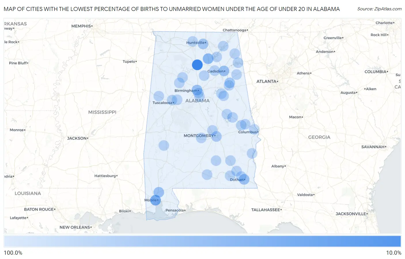 Cities with the Lowest Percentage of Births to Unmarried Women under the Age of under 20 in Alabama Map