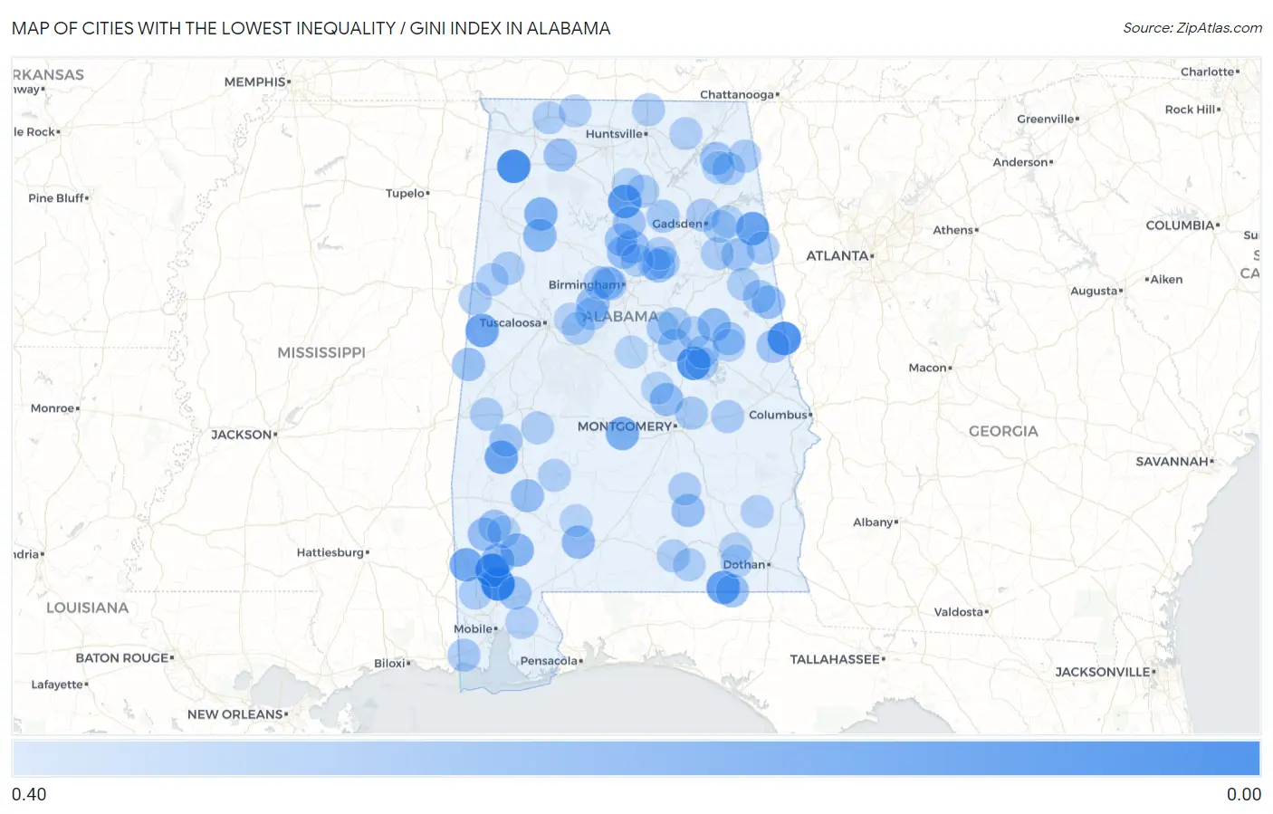 Cities with the Lowest Inequality / Gini Index in Alabama Map