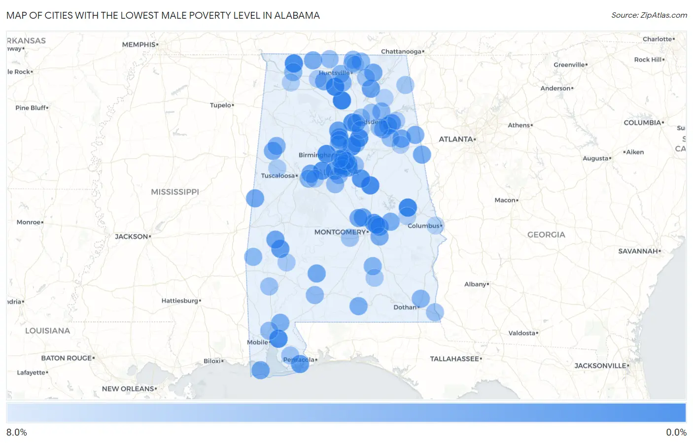 Cities with the Lowest Male Poverty Level in Alabama Map
