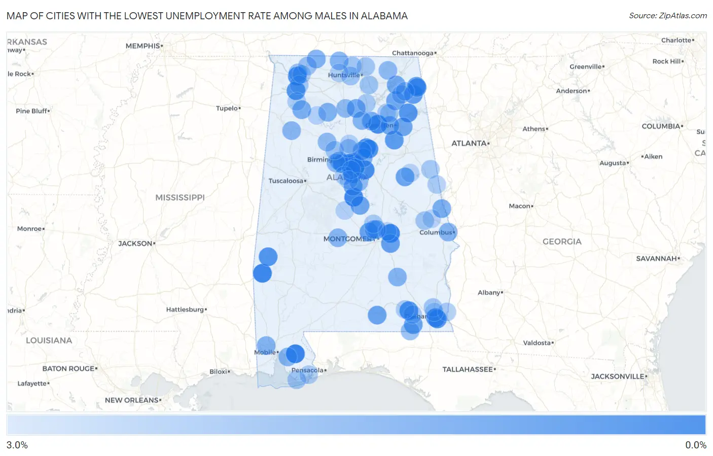 Cities with the Lowest Unemployment Rate Among Males in Alabama Map