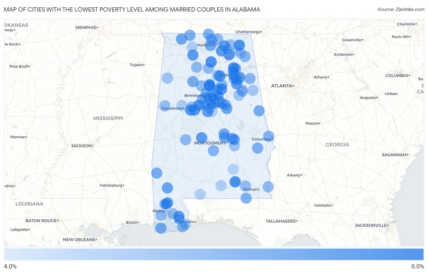Cities with the Lowest Poverty Level Among Married Couples in Alabama Map