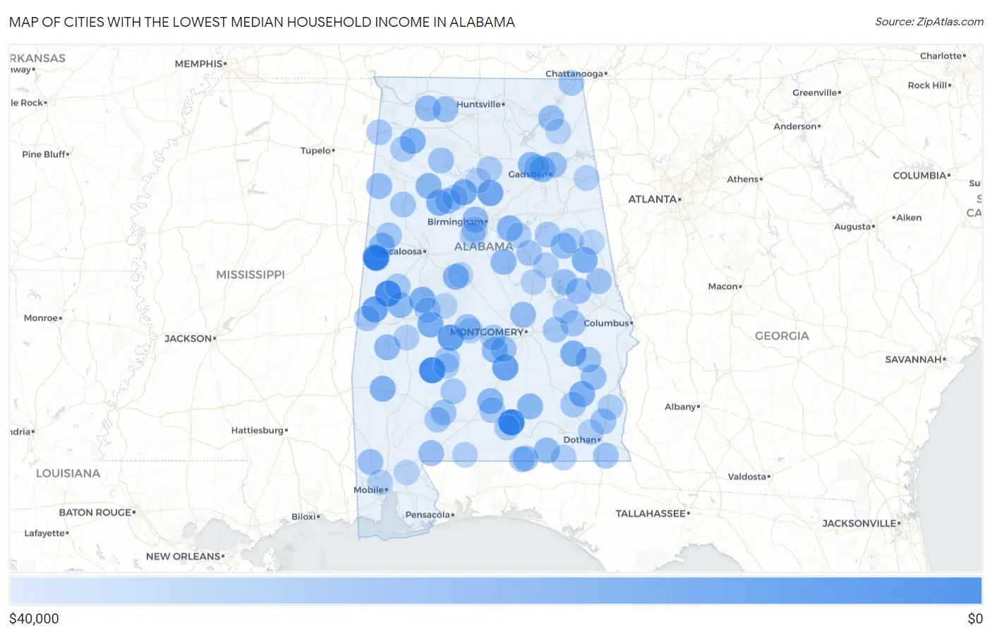 Cities with the Lowest Median Household Income in Alabama Map