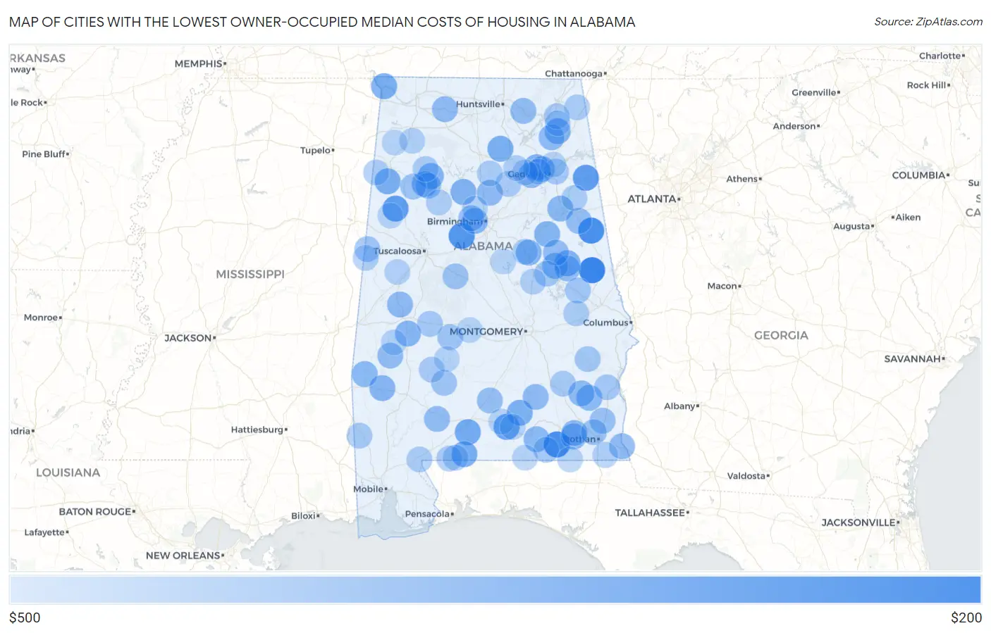 Cities with the Lowest Owner-Occupied Median Costs of Housing in Alabama Map