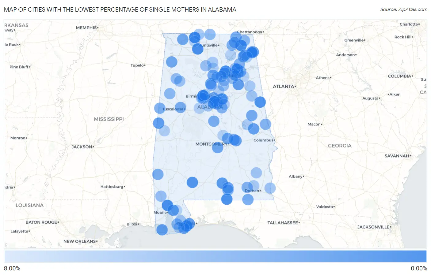 Cities with the Lowest Percentage of Single Mothers in Alabama Map
