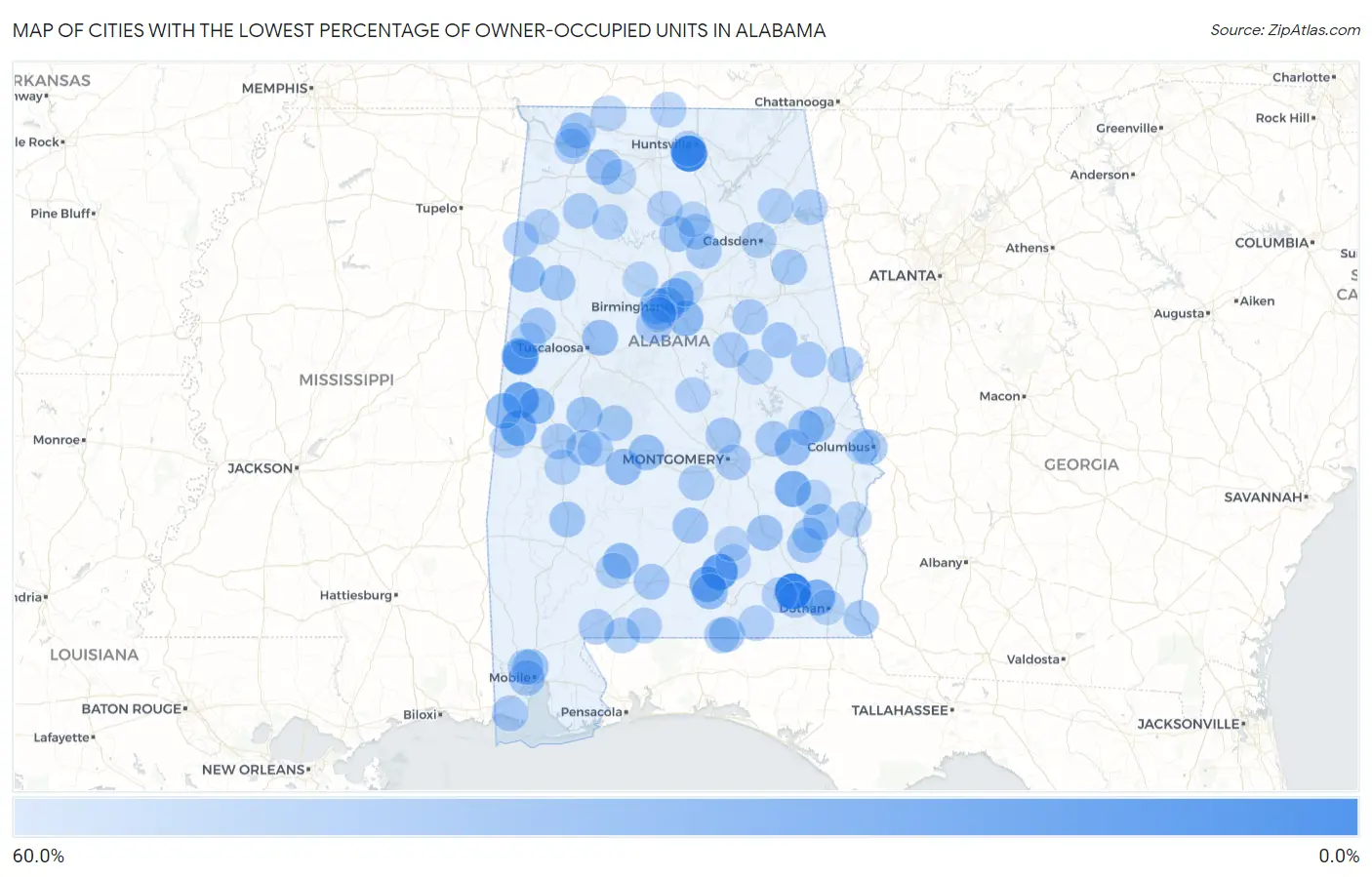 Cities with the Lowest Percentage of Owner-Occupied Units in Alabama Map