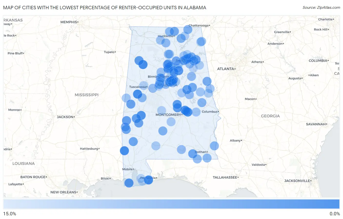 Cities with the Lowest Percentage of Renter-Occupied Units in Alabama Map