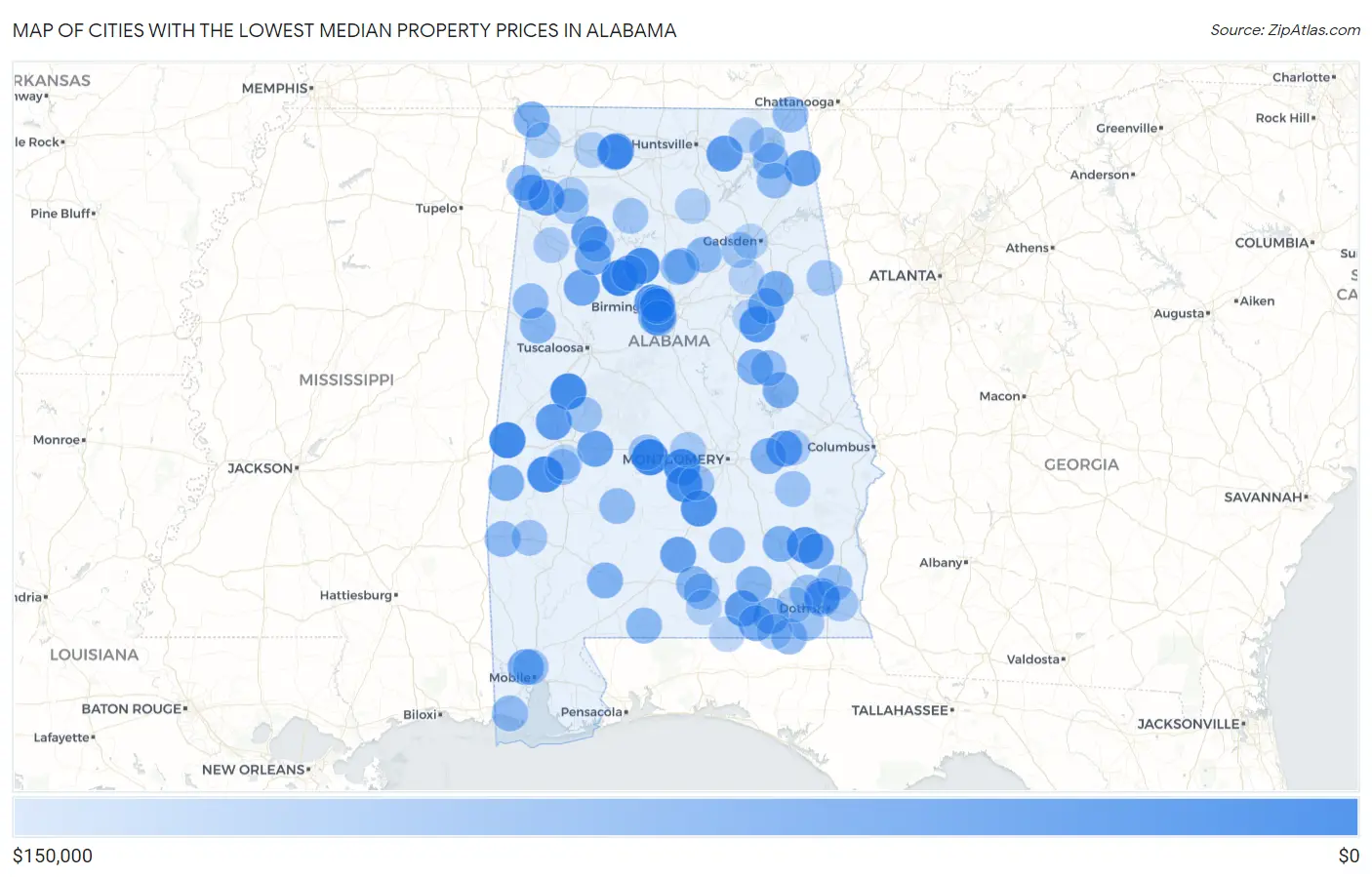 Cities with the Lowest Median Property Prices in Alabama Map