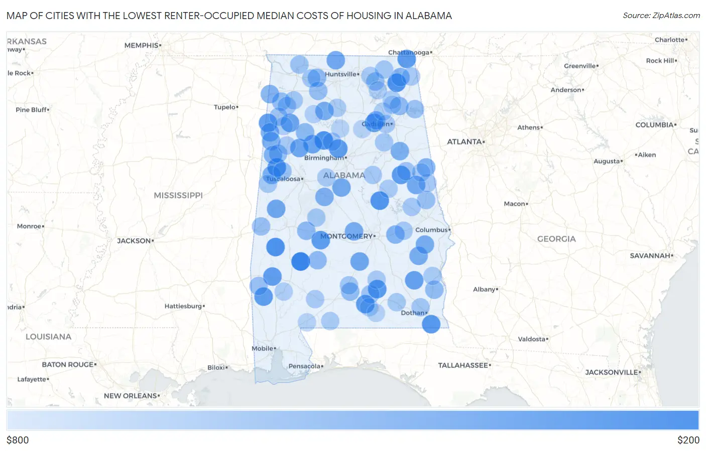 Cities with the Lowest Renter-Occupied Median Costs of Housing in Alabama Map