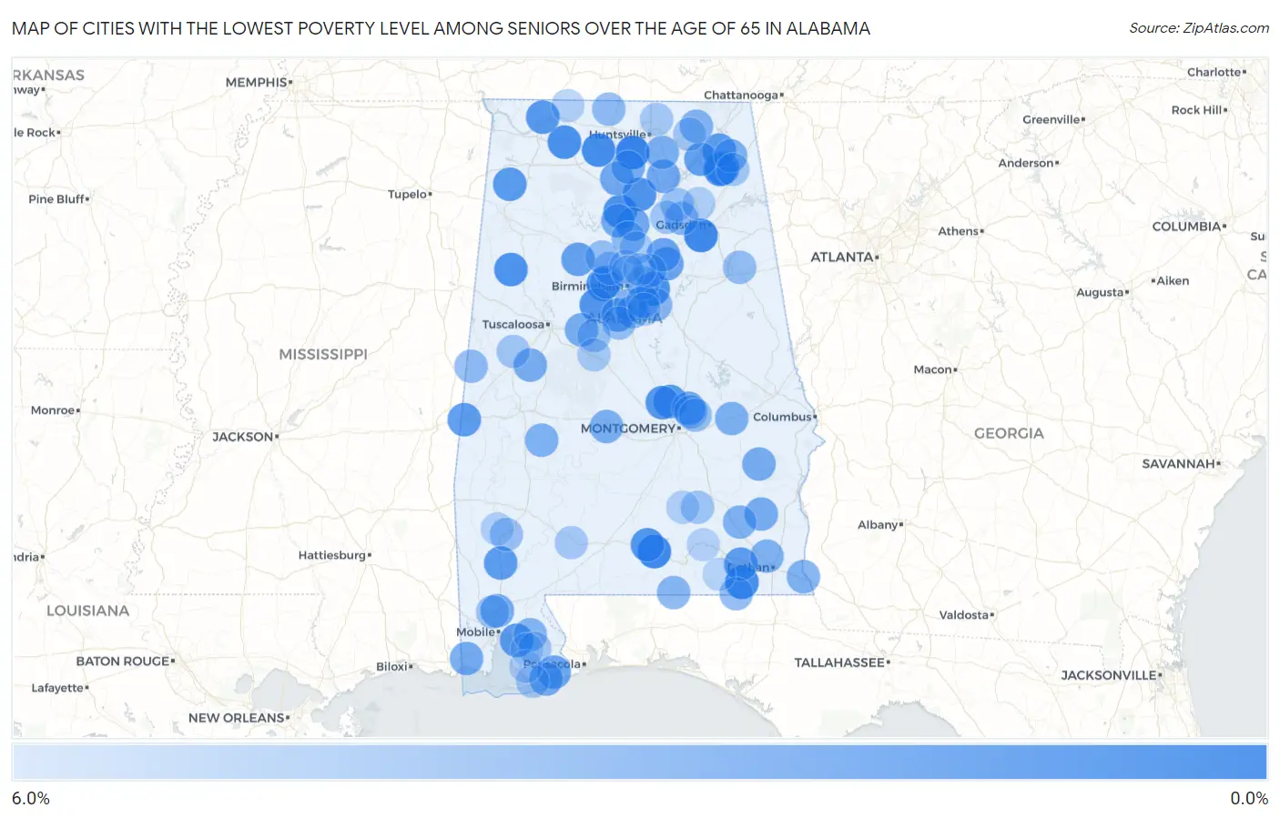 Cities with the Lowest Poverty Level Among Seniors Over the Age of 65 in Alabama Map