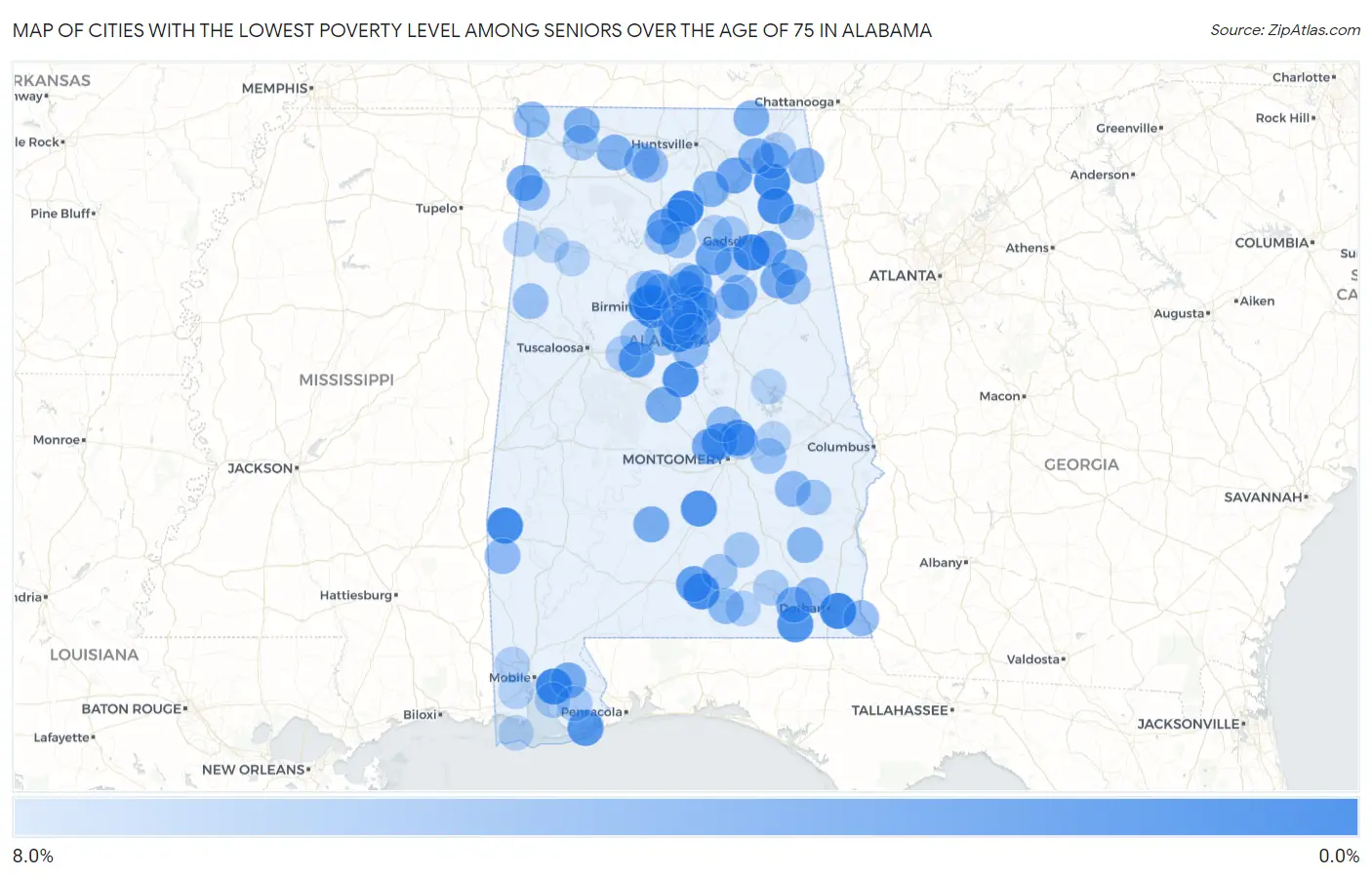 Cities with the Lowest Poverty Level Among Seniors Over the Age of 75 in Alabama Map