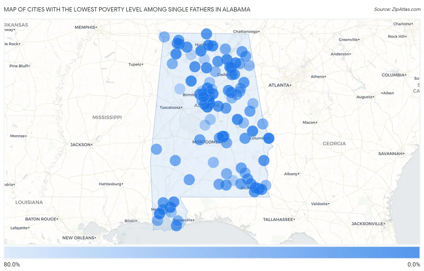 Cities with the Lowest Poverty Level Among Single Fathers in Alabama Map
