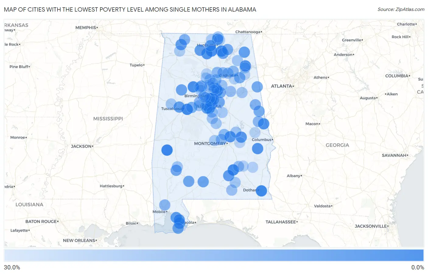 Cities with the Lowest Poverty Level Among Single Mothers in Alabama Map