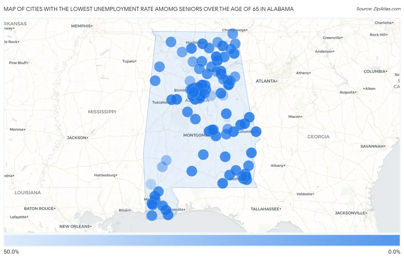 Cities with the Lowest Unemployment Rate Amomg Seniors Over the Age of 65 in Alabama Map