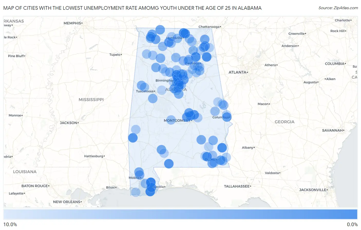 Cities with the Lowest Unemployment Rate Amomg Youth Under the Age of 25 in Alabama Map