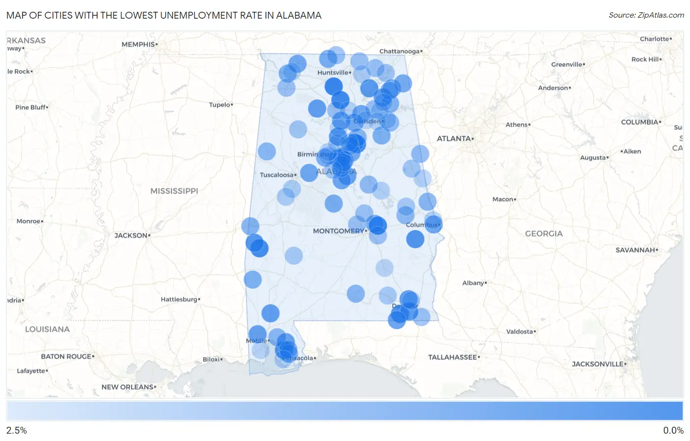 Cities with the Lowest Unemployment Rate in Alabama Map