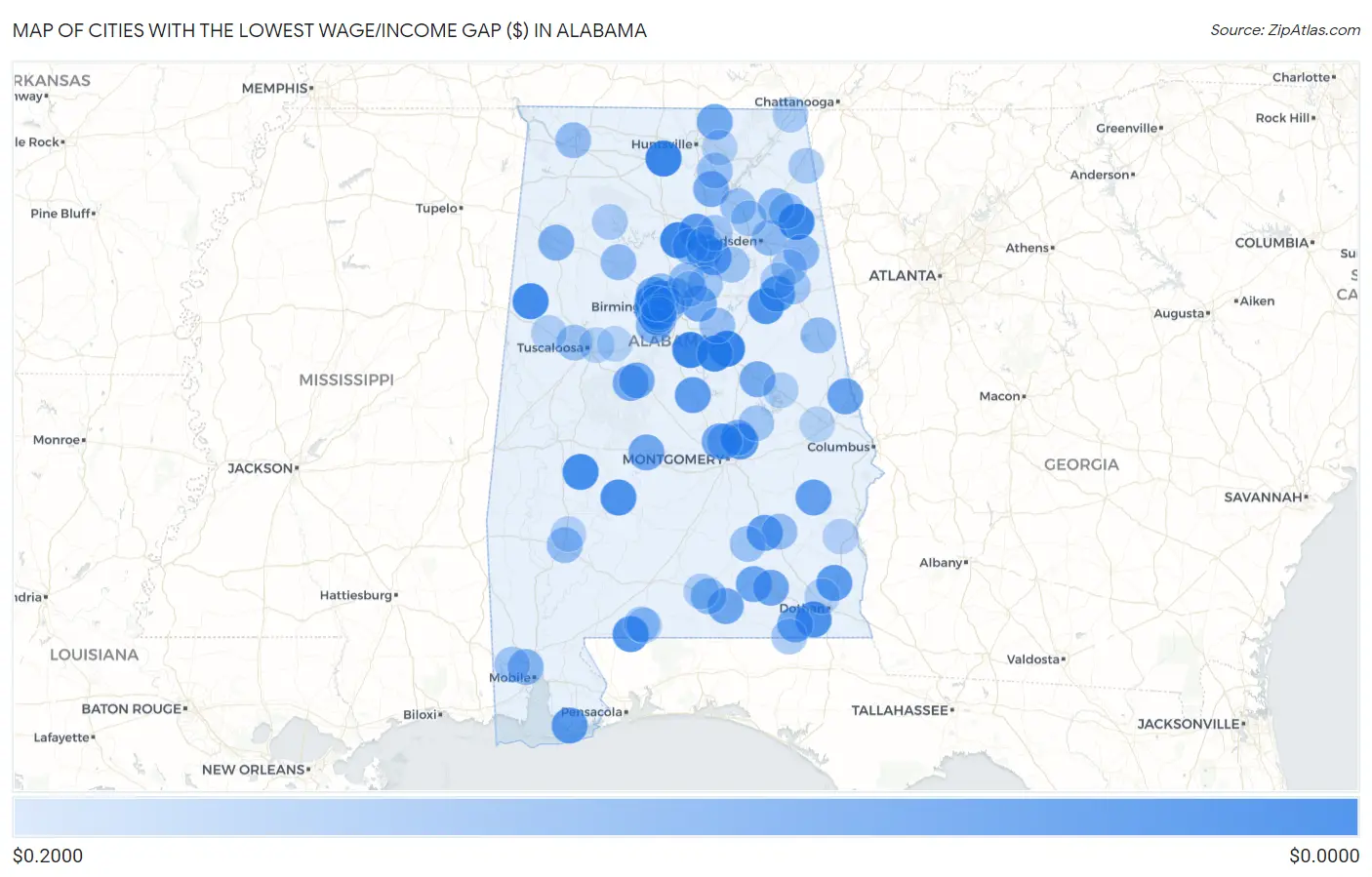 Cities with the Lowest Wage/Income Gap ($) in Alabama Map
