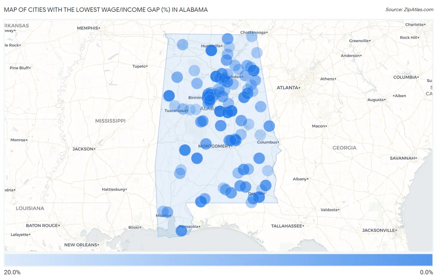 Cities with the Lowest Wage/Income Gap (%) in Alabama Map