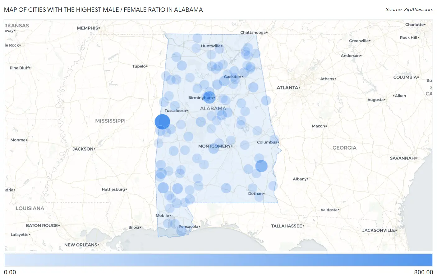 Cities with the Highest Male / Female Ratio in Alabama Map