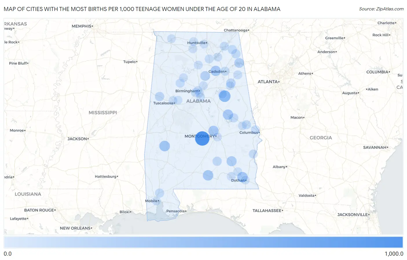 Cities with the Most Births per 1,000 Teenage Women Under the Age of 20 in Alabama Map