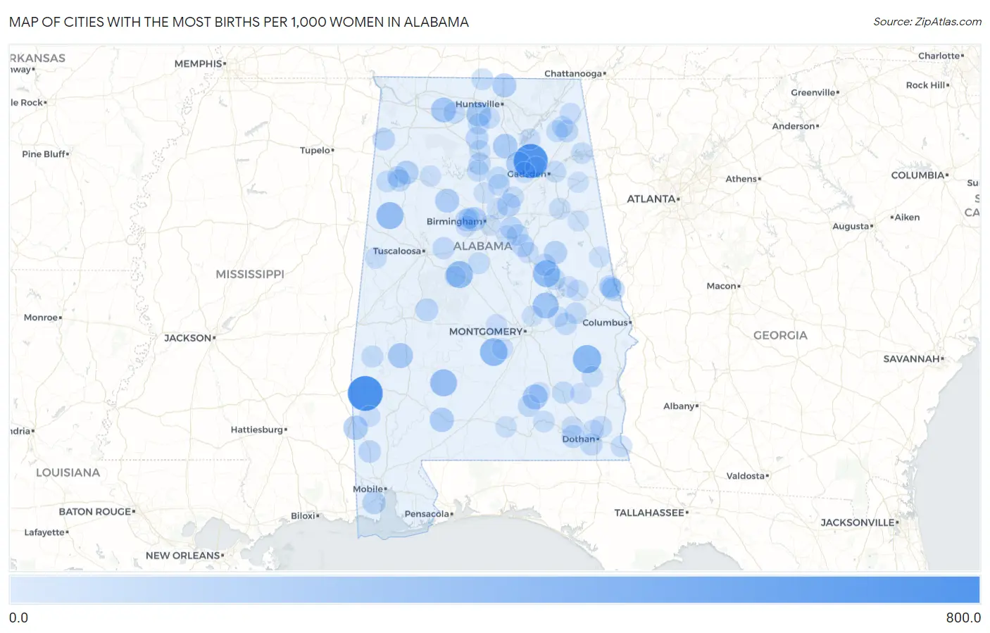Cities with the Most Births per 1,000 Women in Alabama Map