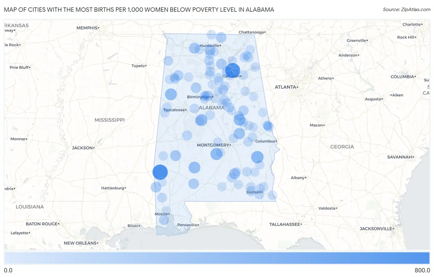 Cities with the Most Births per 1,000 Women Below Poverty Level in Alabama Map