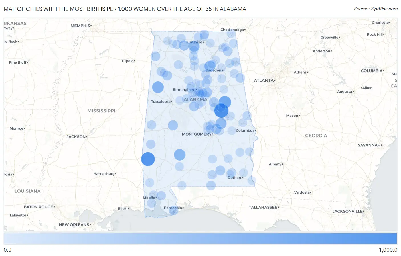 Cities with the Most Births per 1,000 Women Over the Age of 35 in Alabama Map