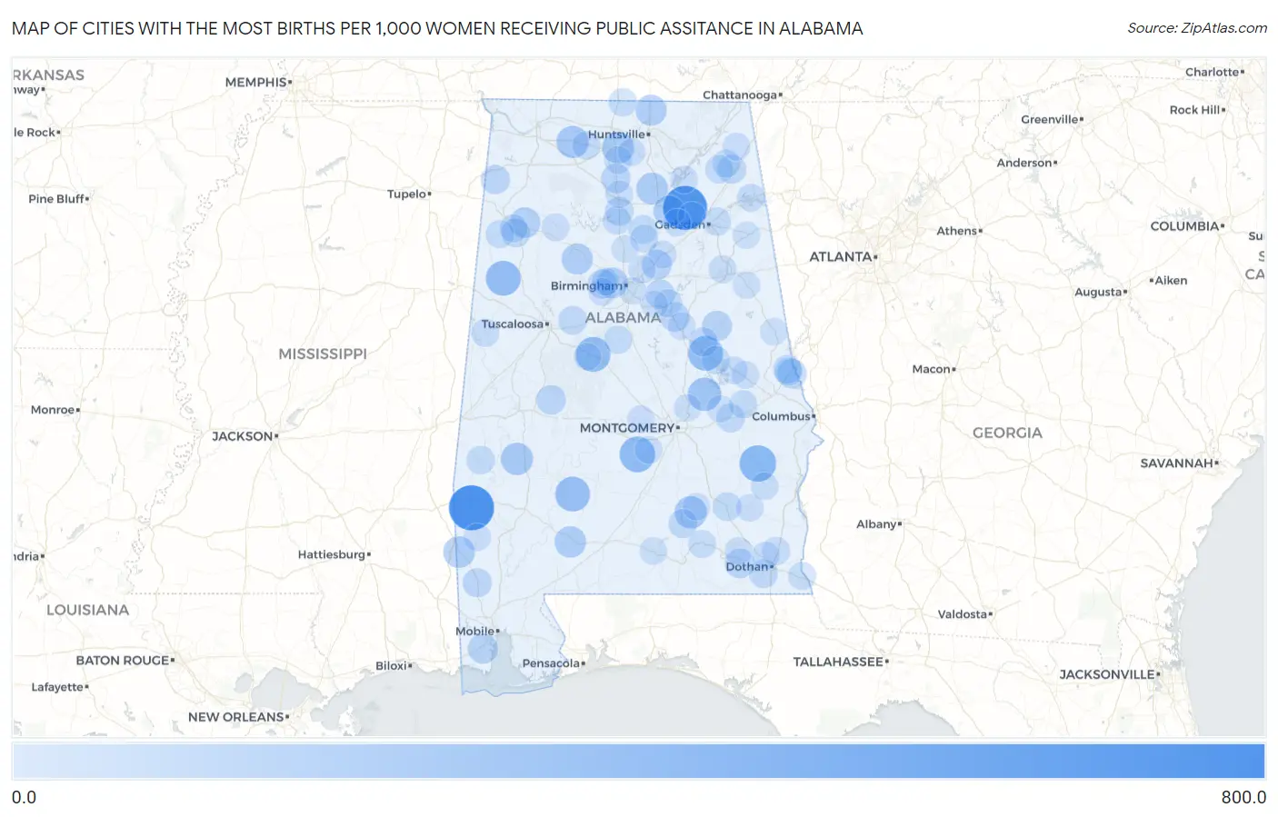 Cities with the Most Births per 1,000 Women Receiving Public Assitance in Alabama Map