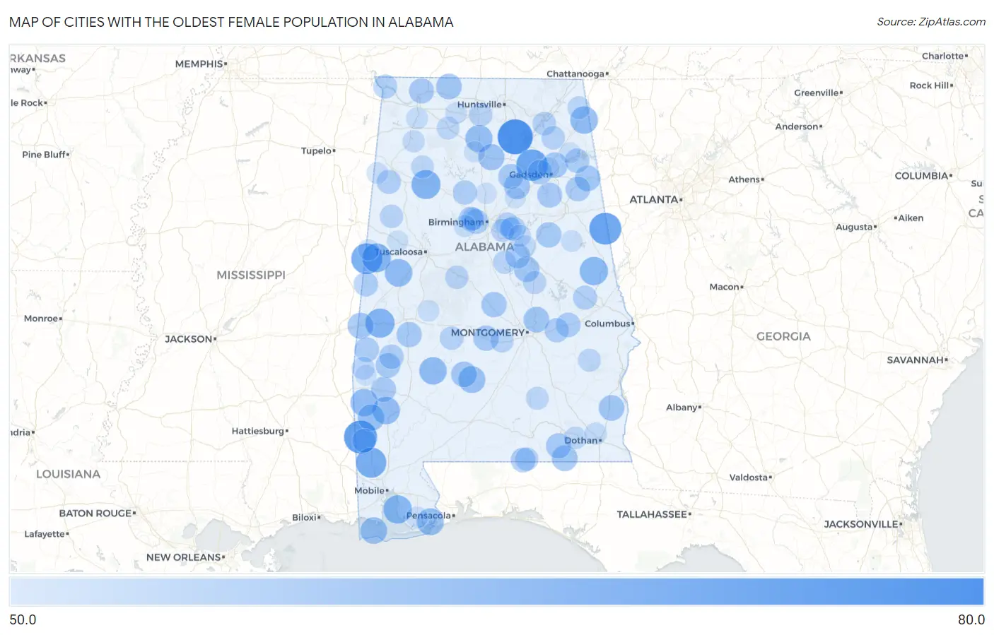 Cities with the Oldest Female Population in Alabama Map