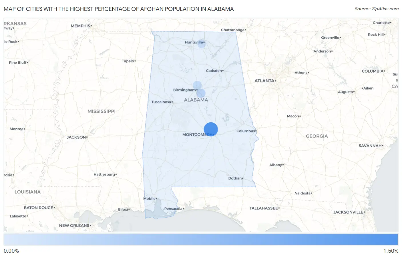 Cities with the Highest Percentage of Afghan Population in Alabama Map