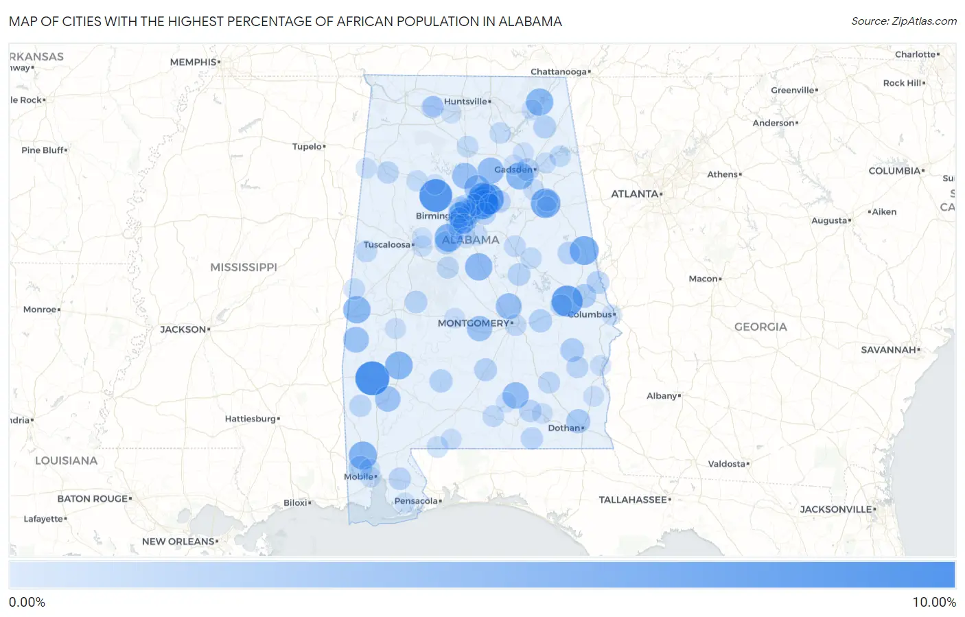 Cities with the Highest Percentage of African Population in Alabama Map