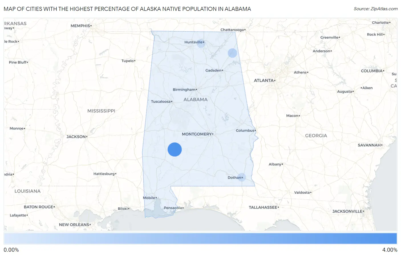Cities with the Highest Percentage of Alaska Native Population in Alabama Map