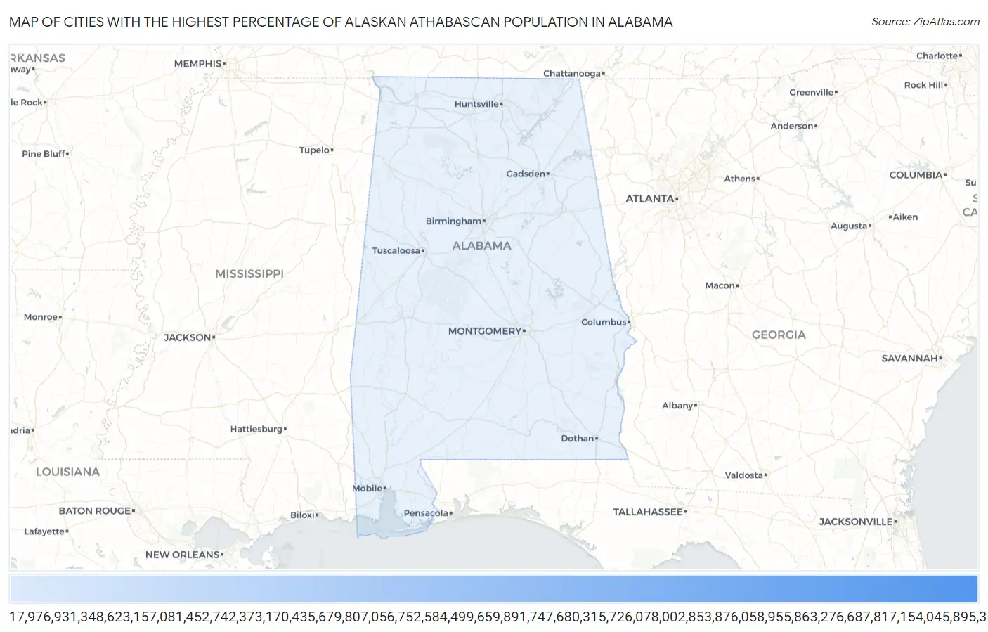 Cities with the Highest Percentage of Alaskan Athabascan Population in Alabama Map