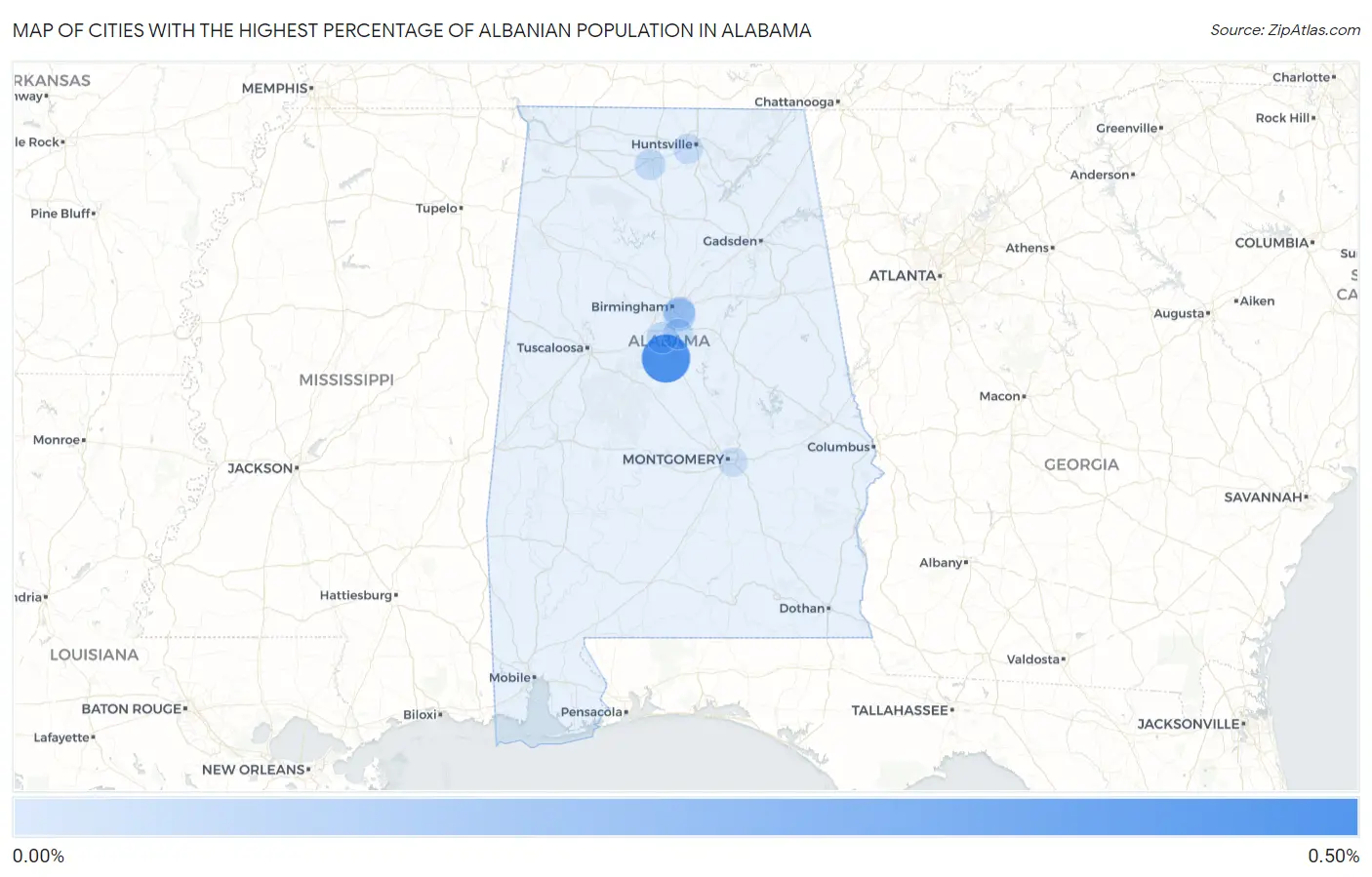Cities with the Highest Percentage of Albanian Population in Alabama Map