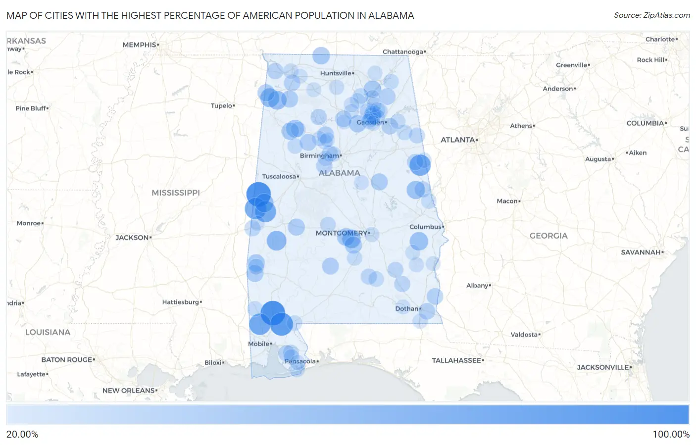 Cities with the Highest Percentage of American Population in Alabama Map